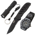 Kit de supervivencia navaja + linterna + reloj brújula