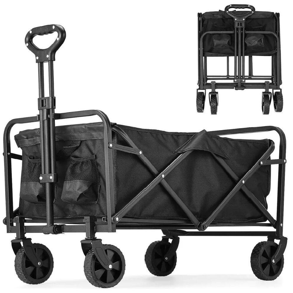 Carro multiuso negro Carro plegable con 4 ruedas multiuso (playa, camping, hogar) - Imagen 1
